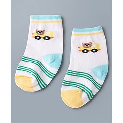 Cute Walk by Babyhug Knit Ankle Length Antibacterial Socks with Stripes & Car Design Pack of 3 - White