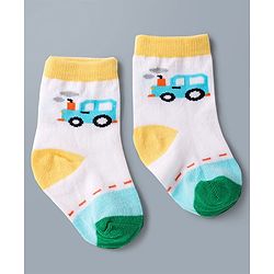 Cute Walk by Babyhug Knit Ankle Length Antibacterial Socks with Stripes & Car Design Pack of 3 - White