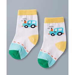 Cute Walk by Babyhug Knit Ankle Length Antibacterial Socks with Stripes & Car Design Pack of 3 - White