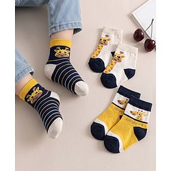 Cute Walk by Babyhug Knit Ankle Length Antibacterial Socks With Giraffe & Striped Design Pack Of 3 - Navy Yellow & White