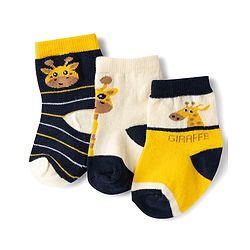 Cute Walk by Babyhug Knit Ankle Length Antibacterial Socks With Giraffe & Striped Design Pack Of 3 - Navy Yellow & White
