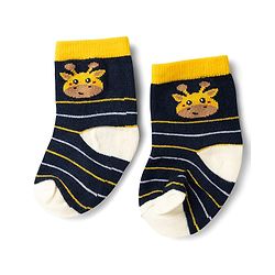Cute Walk by Babyhug Knit Ankle Length Antibacterial Socks With Giraffe & Striped Design Pack Of 3 - Navy Yellow & White