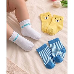 Cute Walk by Babyhug Knit Ankle Length Antibacterial Socks With Bear & Striped Design Pack Of 3 - Yellow Blue & White