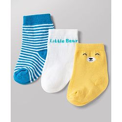Cute Walk by Babyhug Knit Ankle Length Antibacterial Socks With Bear & Striped Design Pack Of 3 - Yellow Blue & White