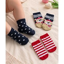 Cute Walk by Babyhug Knit Ankle Length Antibacterial Socks with Stripes & Bear Design Pack of 3 - Navy