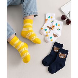 Cute Walk by Babyhug Non Terry Knit Anti-bacterial Ankle Length Striped Socks With Animal Design Pack of 3 -  Black, White & Yellow