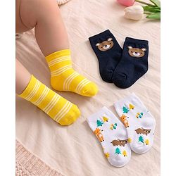 Cute Walk by Babyhug Non Terry Knit Anti-bacterial Ankle Length Striped Socks With Animal Design Pack of 3 -  Black, White & Yellow