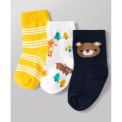 Cute Walk by Babyhug Non Terry Knit Anti-bacterial Ankle Length Striped Socks With Animal Design Pack of 3 -  Black, White & Yellow