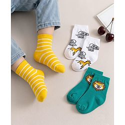 Cute Walk by Babyhug Non Terry Knit Anti-bacterial Ankle Length Striped Socks With Animal Design Pack of 3 - Green, White & Yellow