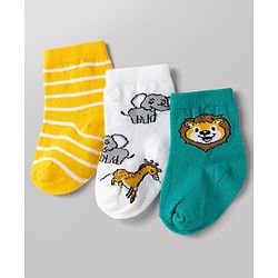 Cute Walk by Babyhug Non Terry Knit Anti-bacterial Ankle Length Striped Socks With Animal Design Pack of 3 - Green, White & Yellow