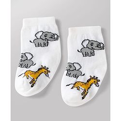 Cute Walk by Babyhug Non Terry Knit Anti-bacterial Ankle Length Striped Socks With Animal Design Pack of 3 - Green, White & Yellow