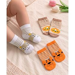 Cute Walk by Babyhug Knit Ankle Length Antibacterial Socks with Stripes & Animals Design Pack of 3 - White & Orange