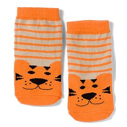 Cute Walk by Babyhug Knit Ankle Length Antibacterial Socks with Stripes & Animals Design Pack of 3 - White & Orange