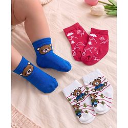 Cute Walk by Babyhug Knit Ankle Length Antibacterial Socks with Bear Design Pack of 3 - Blue & Red