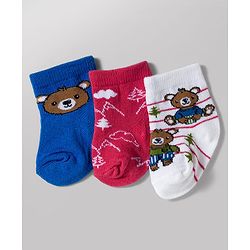 Cute Walk by Babyhug Knit Ankle Length Antibacterial Socks with Bear Design Pack of 3 - Blue & Red