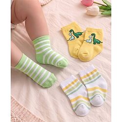 Cute Walk by Babyhug Non Terry Knit Anti-bacterial Ankle Length Striped Socks With Dino Design Pack of 3 - Green, White & Yellow