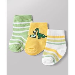 Cute Walk by Babyhug Non Terry Knit Anti-bacterial Ankle Length Striped Socks With Dino Design Pack of 3 - Green, White & Yellow