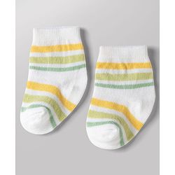 Cute Walk by Babyhug Non Terry Knit Anti-bacterial Ankle Length Striped Socks With Dino Design Pack of 3 - Green, White & Yellow