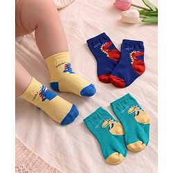 Cute Walk by Babyhug Non Terry Knit Anti-Bacterial Ankle Length Socks With Dino & Text Design Pack of 3 - Beige, Green & Navy Blue