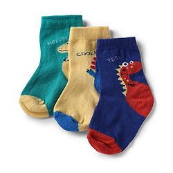 Cute Walk by Babyhug Non Terry Knit Anti-Bacterial Ankle Length Socks With Dino & Text Design Pack of 3 - Beige, Green & Navy Blue