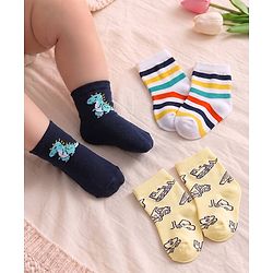 Cute Walk by Babyhug Non Terry Knit Anti-Bacterial Ankle Length Striped Socks With Vehicle & Dino Design Pack of 3 - Beige, White & Black