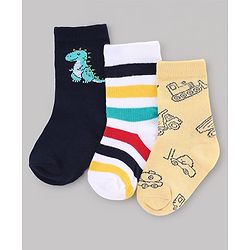 Cute Walk by Babyhug Non Terry Knit Anti-Bacterial Ankle Length Striped Socks With Vehicle & Dino Design Pack of 3 - Beige, White & Black