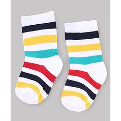 Cute Walk by Babyhug Non Terry Knit Anti-Bacterial Ankle Length Striped Socks With Vehicle & Dino Design Pack of 3 - Beige, White & Black