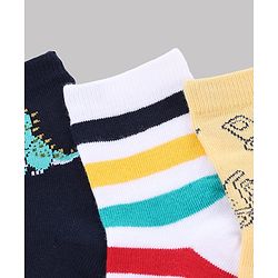 Cute Walk by Babyhug Non Terry Knit Anti-Bacterial Ankle Length Striped Socks With Vehicle & Dino Design Pack of 3 - Beige, White & Black