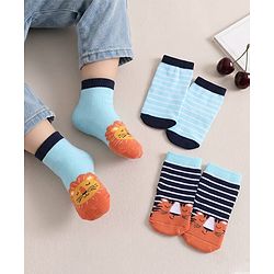 Cute Walk by Babyhug Knit Anti-Bacterial Ankle Length Striped Socks With Animal Design Pack of 3 - Black & Sky Blue