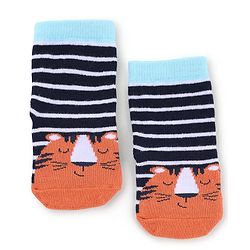 Cute Walk by Babyhug Knit Anti-Bacterial Ankle Length Striped Socks With Animal Design Pack of 3 - Black & Sky Blue