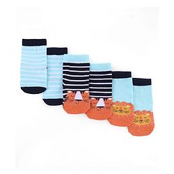 Cute Walk by Babyhug Knit Anti-Bacterial Ankle Length Striped Socks With Animal Design Pack of 3 - Black & Sky Blue