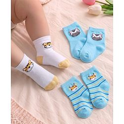 Cute Walk by Babyhug Non Terry Knit  Anti-Bacterial Ankle Length Striped Socks With Animal Design Pack of 3 - White & Sky Blue