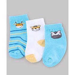 Cute Walk by Babyhug Non Terry Knit  Anti-Bacterial Ankle Length Striped Socks With Animal Design Pack of 3 - White & Sky Blue
