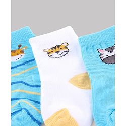 Cute Walk by Babyhug Non Terry Knit  Anti-Bacterial Ankle Length Striped Socks With Animal Design Pack of 3 - White & Sky Blue