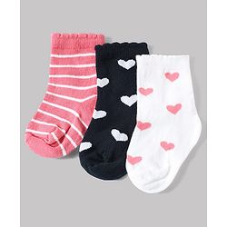 Cute Walk by Babyhug Non Terry Knit Anti-bacterial Ankle Length Striped Sock With Heart Design Pack of 3 - Pink White & Black