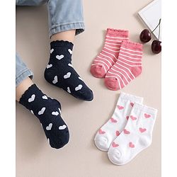 Cute Walk by Babyhug Non Terry Knit Anti-bacterial Ankle Length Striped Sock With Heart Design Pack of 3 - Pink White & Black