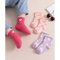 Cute Walk by Babyhug Non Terry Knit Anti-bacterial Ankle Length Sock With Floral & Heart Design Pack of 3 - Pink Peach & Lilac