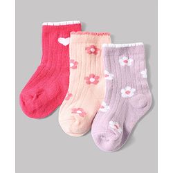 Cute Walk by Babyhug Non Terry Knit Anti-bacterial Ankle Length Sock With Floral & Heart Design Pack of 3 - Pink Peach & Lilac