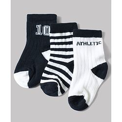 Cute Walk by Babyhug Non Terry Knit Anti-bacterial Ankle Length Striped Sock With Text Design Pack of 3 - White & Black