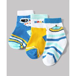Cute Walk by Babyhug Anti-Bacterial Ankle Length Striped Sock With Space Design Pack of 3 - White & Blue