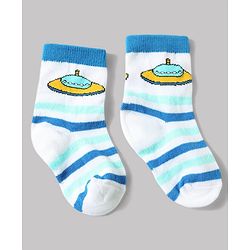 Cute Walk by Babyhug Anti-Bacterial Ankle Length Striped Sock With Space Design Pack of 3 - White & Blue