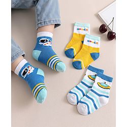 Cute Walk by Babyhug Anti-Bacterial Ankle Length Striped Sock With Space Design Pack of 3 - White & Blue