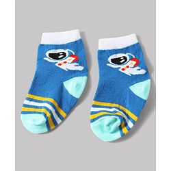 Cute Walk by Babyhug Anti-Bacterial Ankle Length Striped Sock With Space Design Pack of 3 - White & Blue