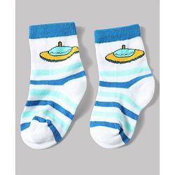 Cute Walk by Babyhug Anti-Bacterial Ankle Length Striped Sock With Space Design Pack of 3 - White & Blue