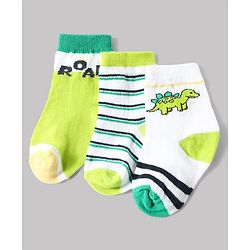 Cute Walk by Babyhug Anti-Bacterial Ankle Length Striped Sock With Dino & Text Design Pack of 3 - White