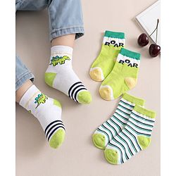 Cute Walk by Babyhug Anti-Bacterial Ankle Length Striped Sock With Dino & Text Design Pack of 3 - White