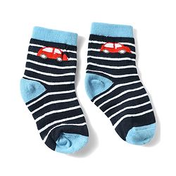 Cute Walk by Babyhug Anti-Bacterial Ankle Length Striped Sock With Vehicle Design Pack of 3 - Red Black & Blue