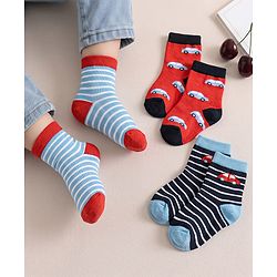 Cute Walk by Babyhug Anti-Bacterial Ankle Length Striped Sock With Vehicle Design Pack of 3 - Red Black & Blue