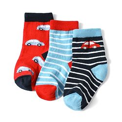 Cute Walk by Babyhug Anti-Bacterial Ankle Length Striped Sock With Vehicle Design Pack of 3 - Red Black & Blue
