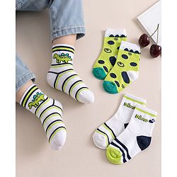 Cute Walk by Babyhug Knit Ankle Length Antibacterial Socks with Stripes & Dino Design Pack of 3 - White